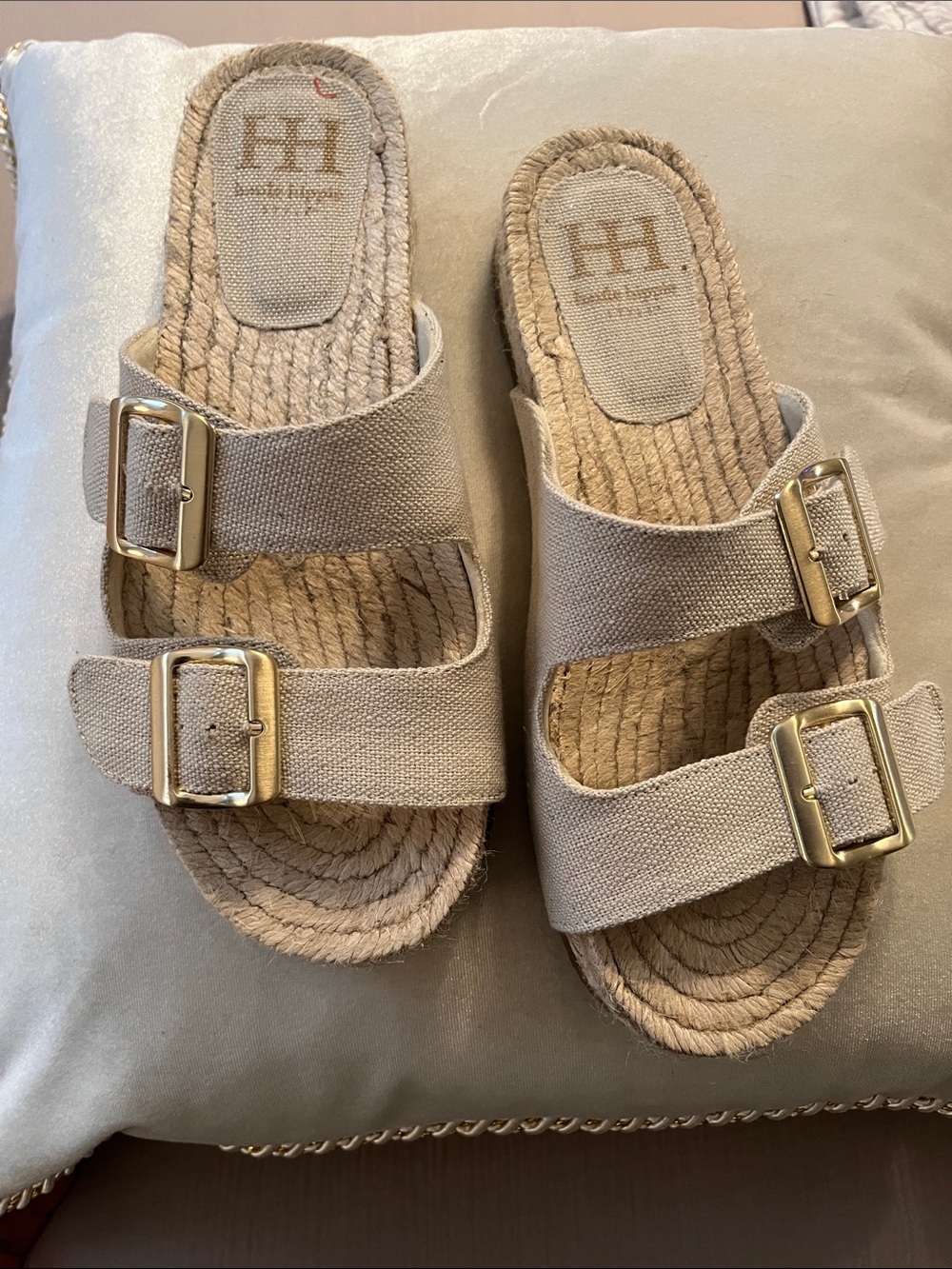Haute Hippie Beige Canvas Double-Buckle Espadrille Slide Sandals